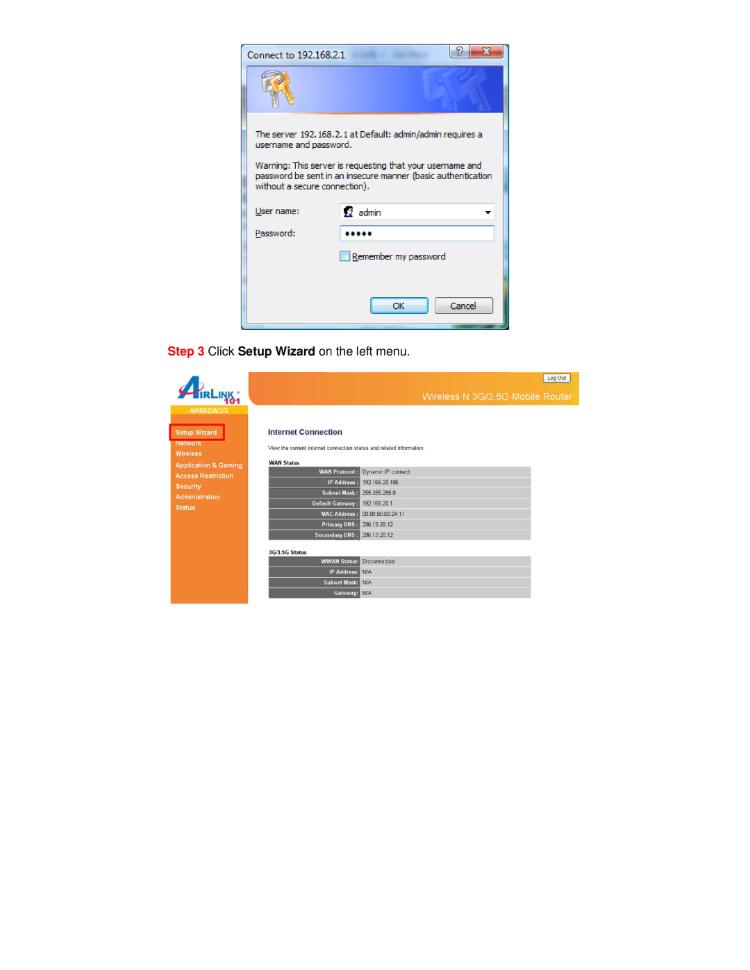 Airlink101 AR660W3G manual Click Setup Wizard on the left menu 