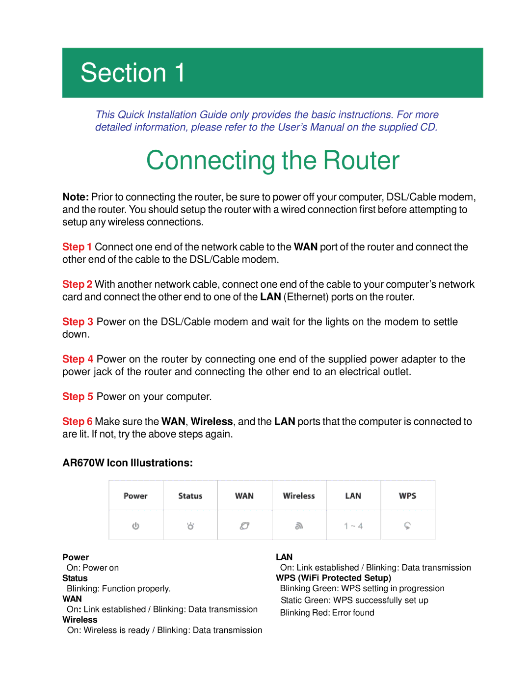 Airlink101 manual Connecting the Router, AR670W Icon Illustrations 