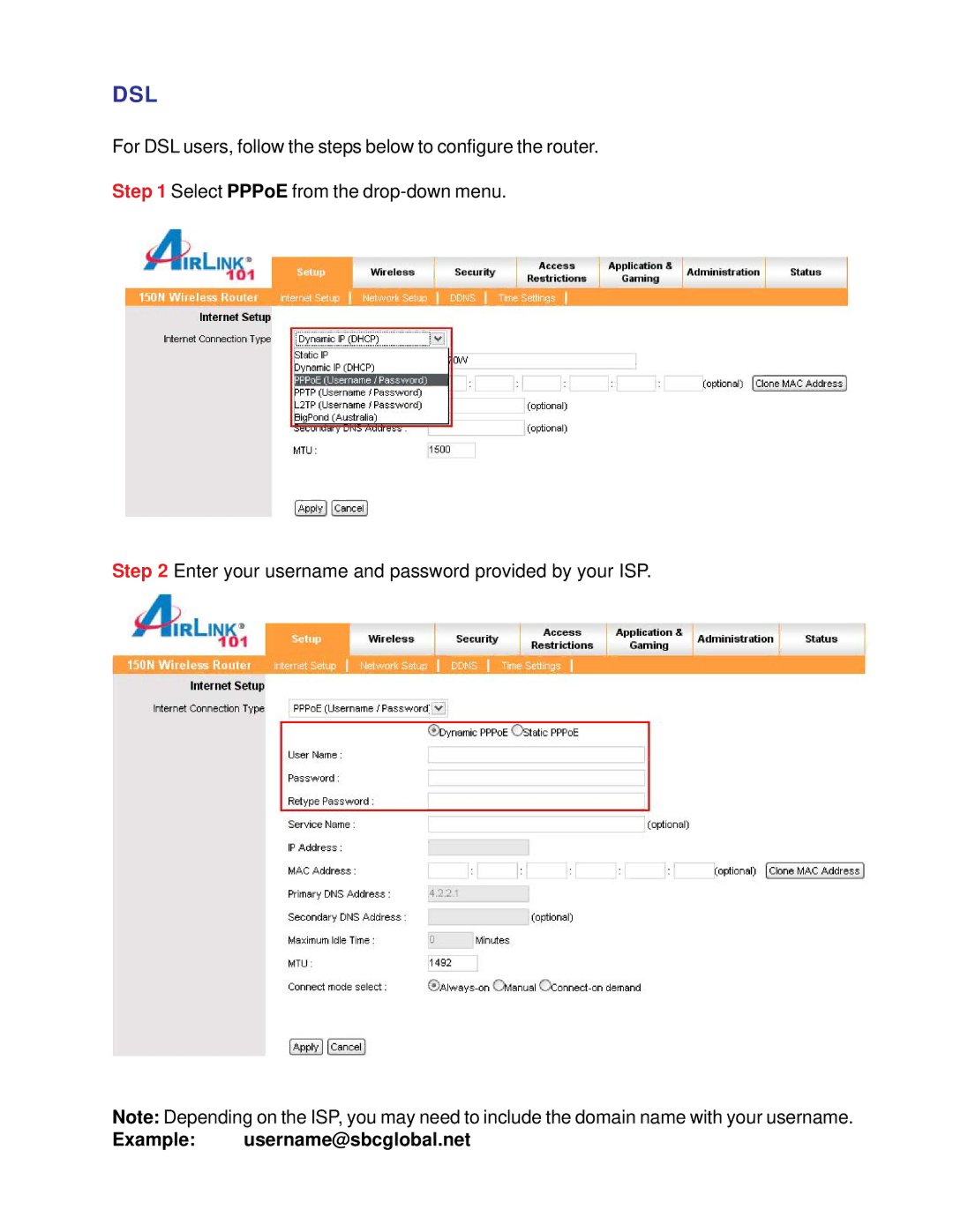 Airlink101 AR670W manual Dsl, Example username@sbcglobal.net 