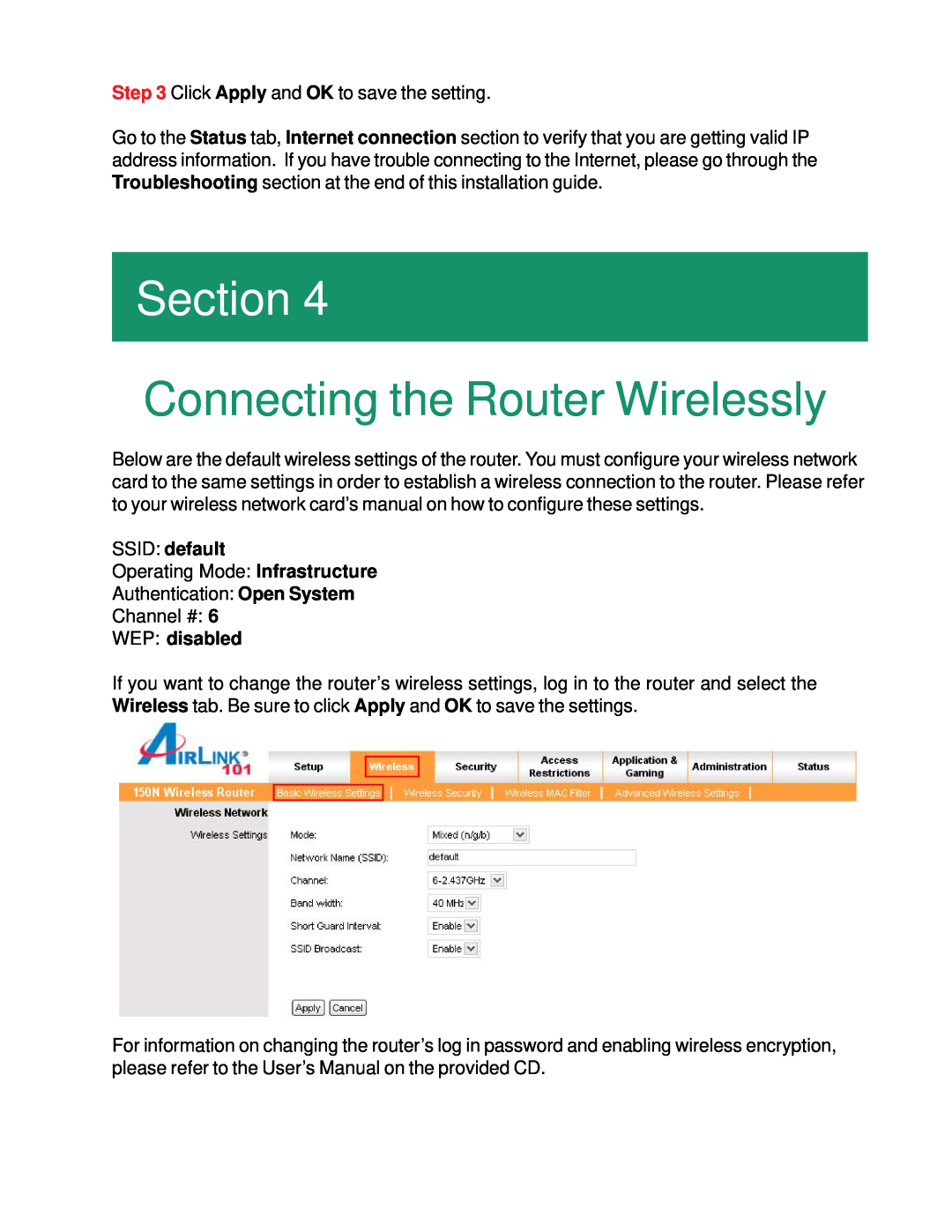 Airlink101 AR670W manual Connecting the Router Wirelessly, Section, SSID default, WEP disabled 