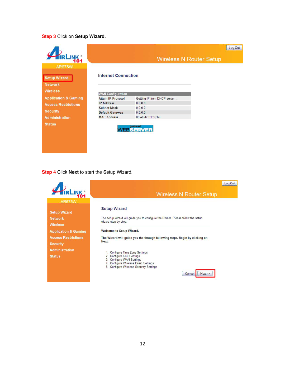 Airlink101 AR675W user manual Click on Setup Wizard 