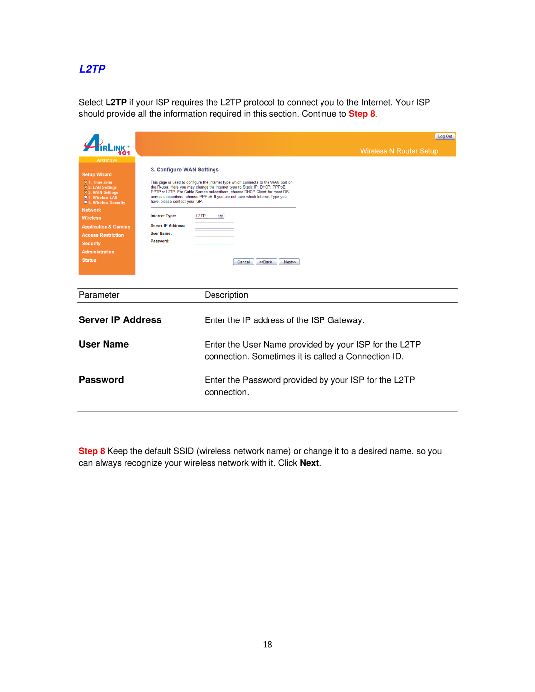 Airlink101 AR675W user manual L2TP 