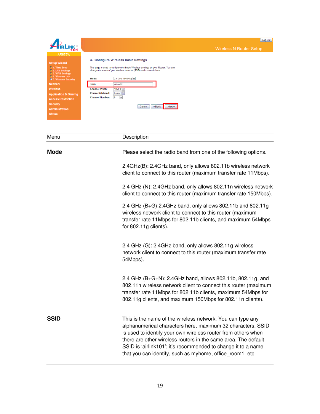 Airlink101 AR675W user manual Mode, Ssid 