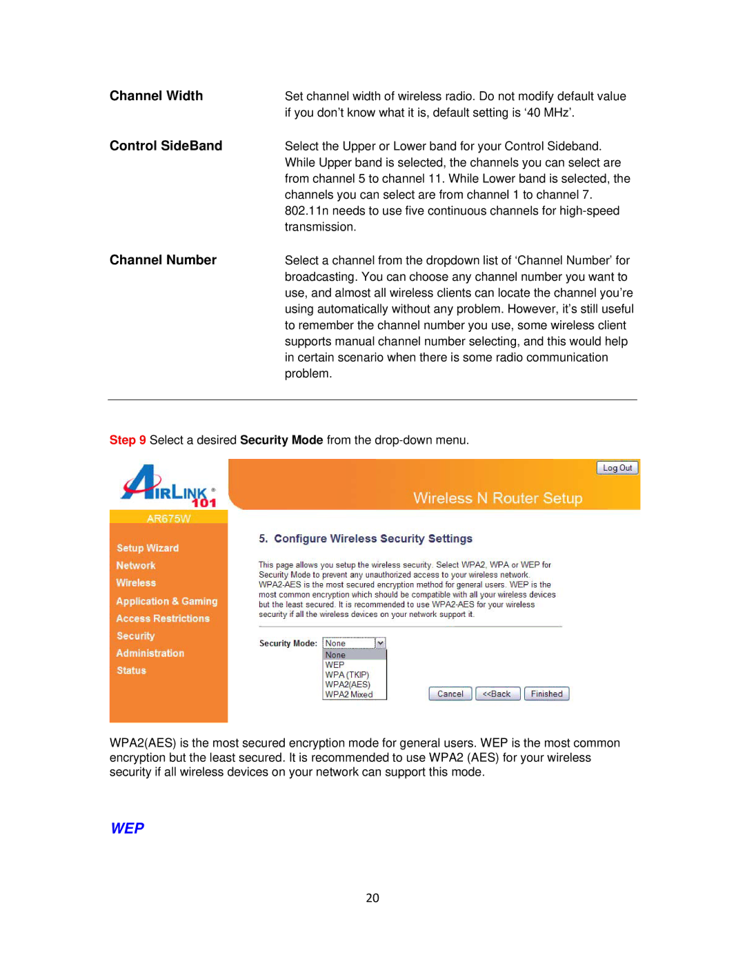 Airlink101 AR675W user manual Channel Width, Control SideBand, Channel Number 