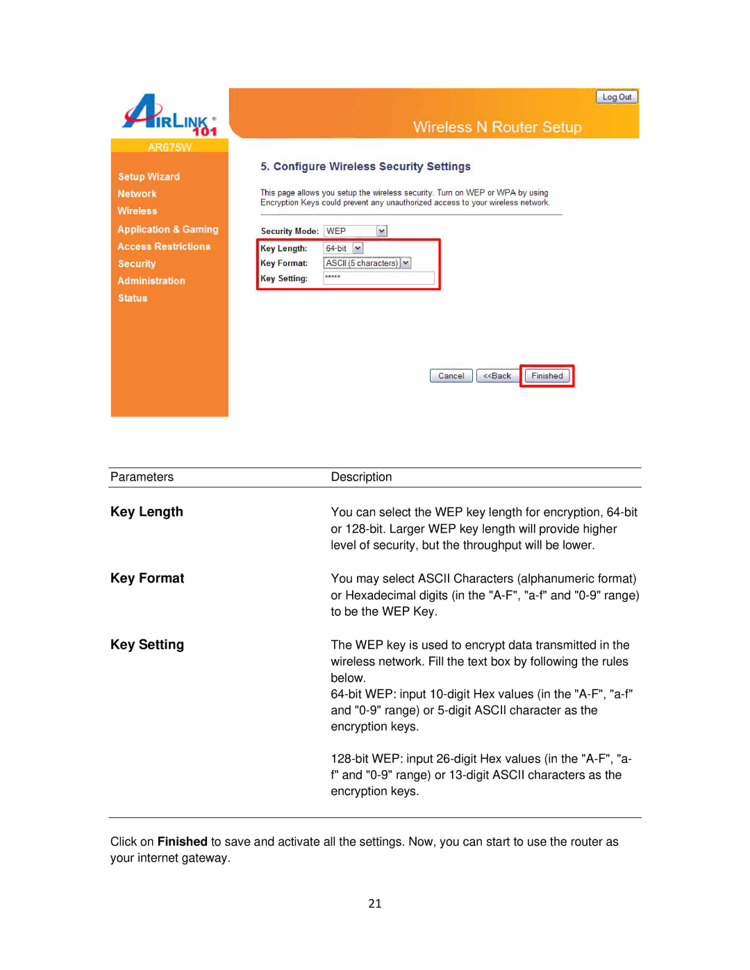 Airlink101 AR675W user manual Key Length, Key Format, Key Setting 