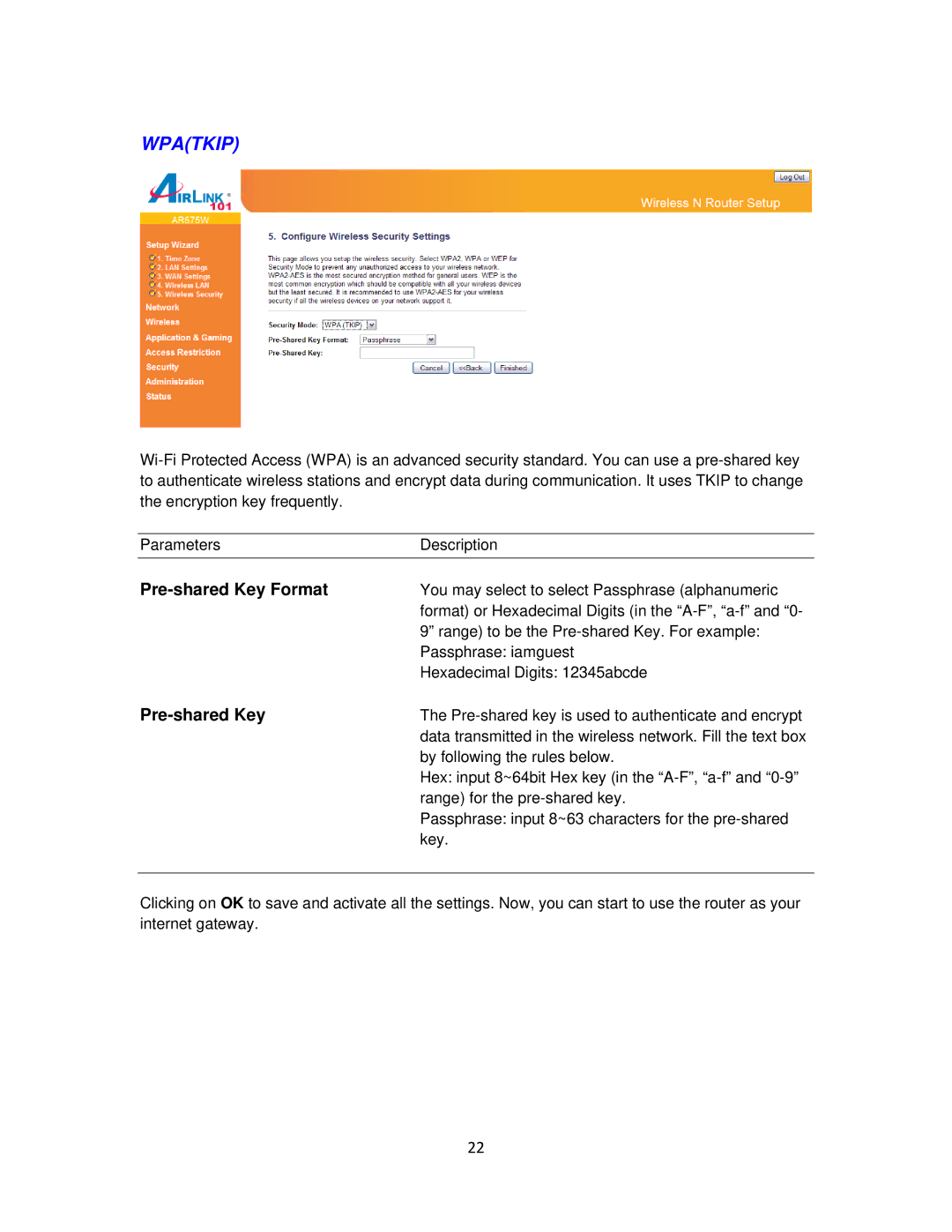 Airlink101 AR675W user manual Pre-shared Key Format 