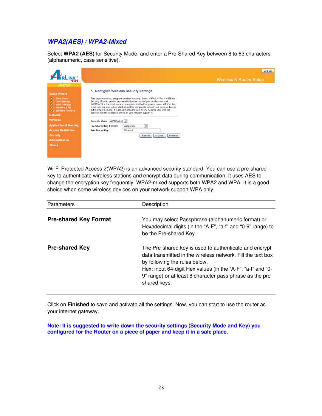 Airlink101 AR675W user manual WPA2AES / WPA2-Mixed 