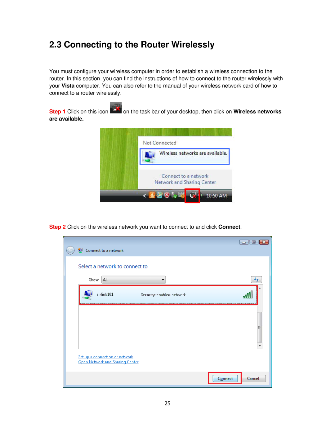 Airlink101 AR675W user manual Connecting to the Router Wirelessly 