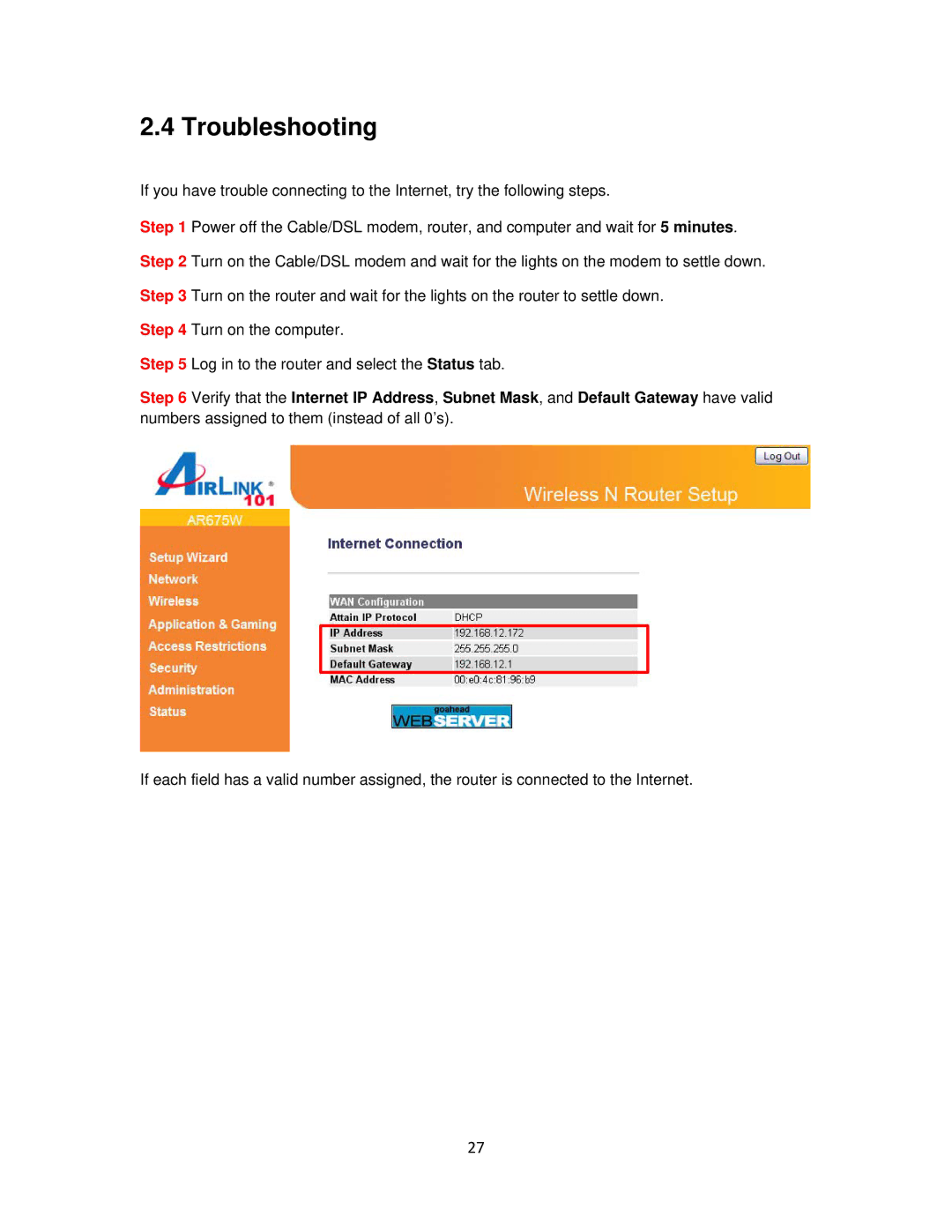 Airlink101 AR675W user manual Troubleshooting 