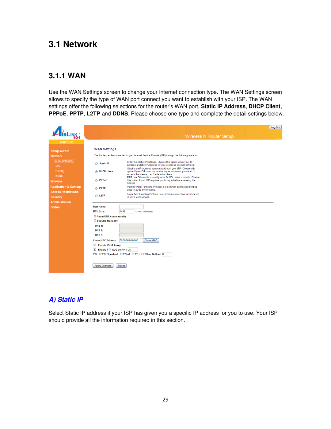 Airlink101 AR675W user manual Network, 1 WAN 