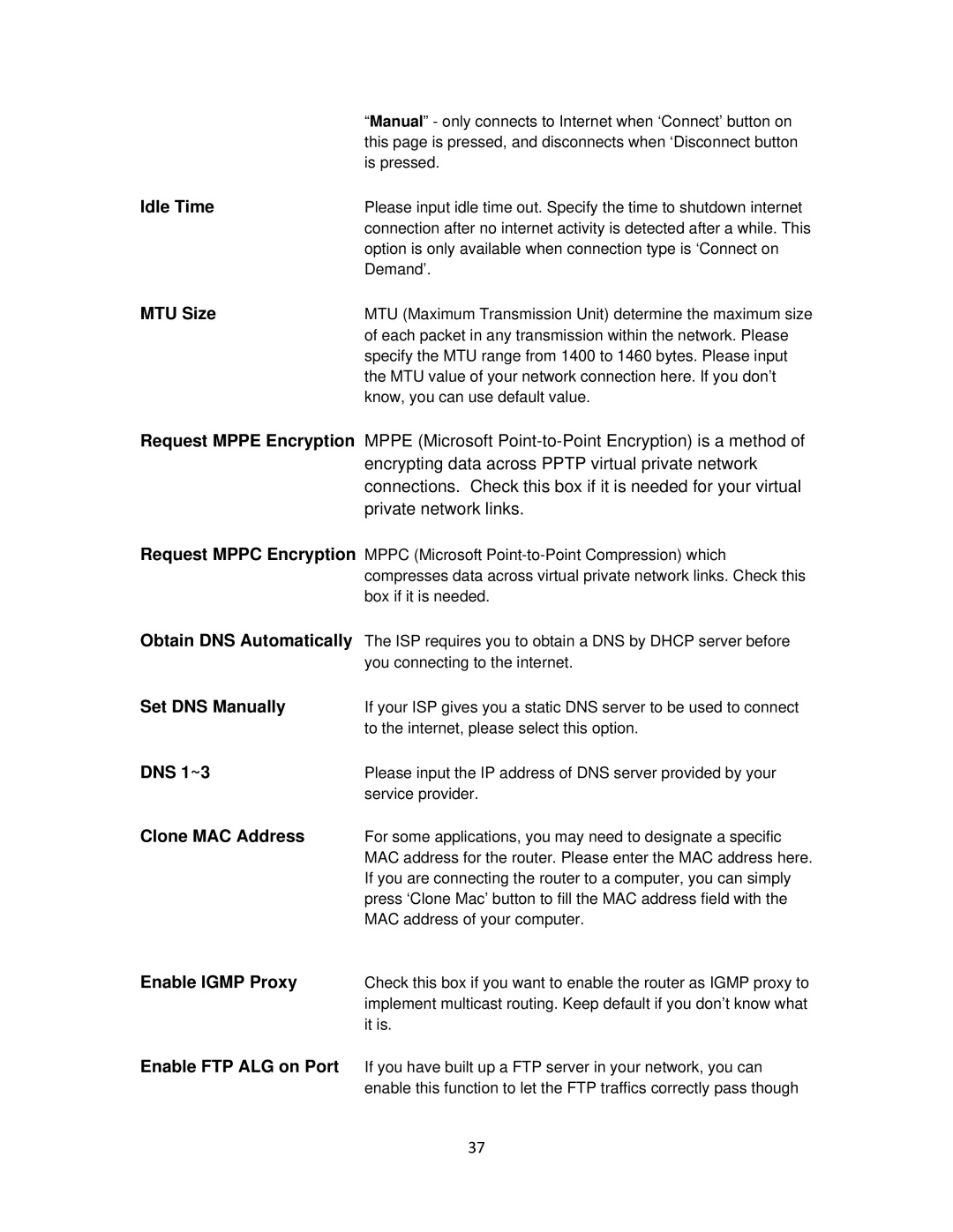 Airlink101 AR675W user manual Idle Time, Enable FTP ALG on Port 