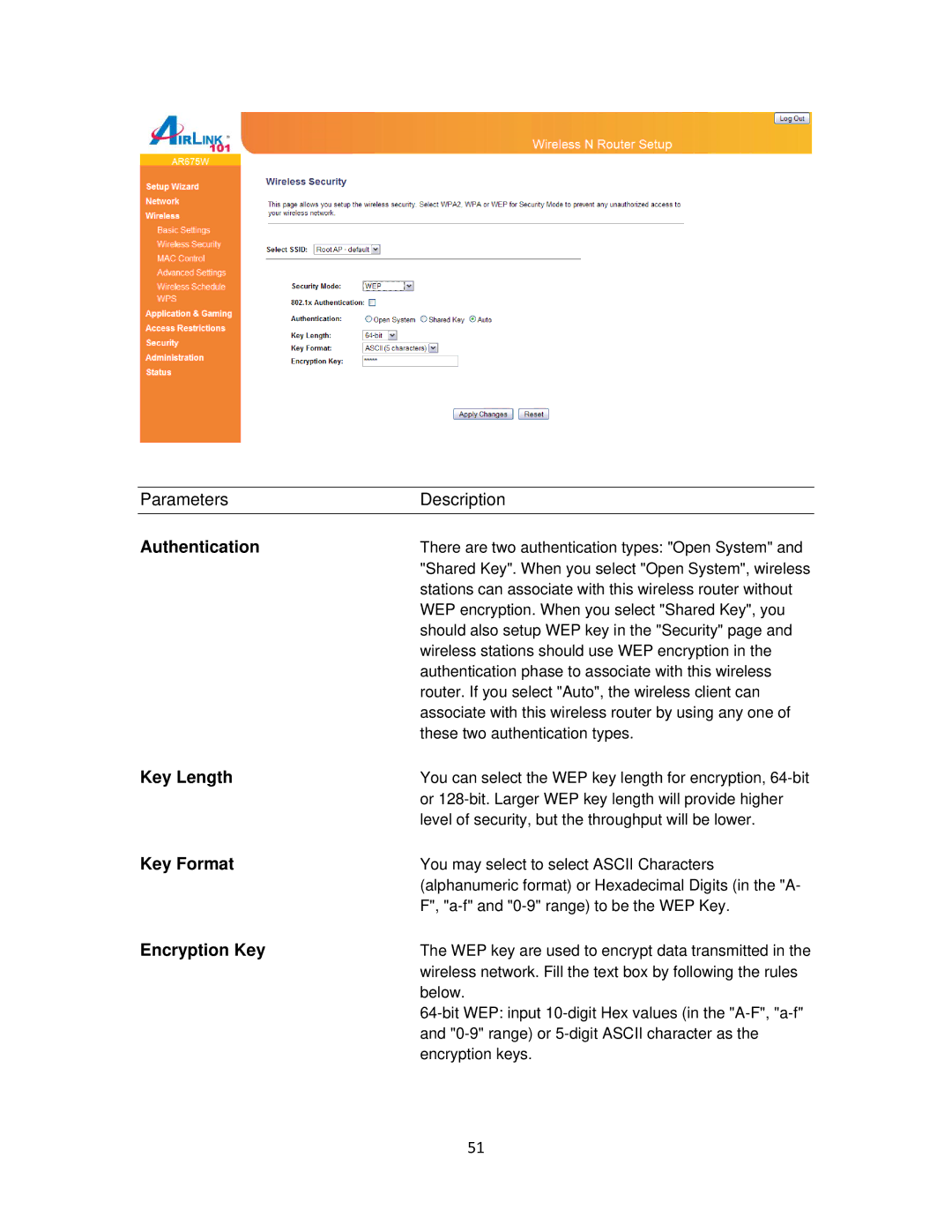 Airlink101 AR675W user manual Authentication, Encryption Key 