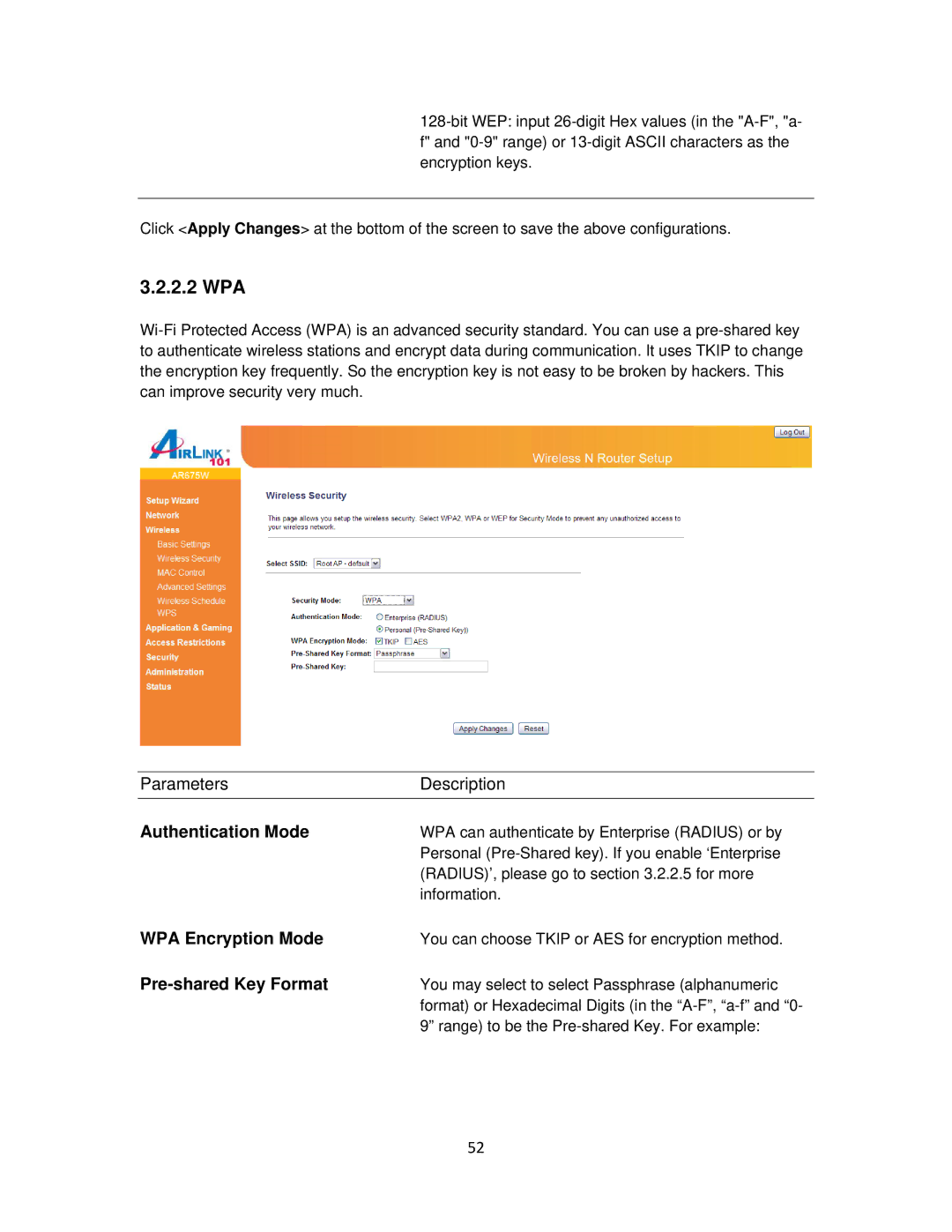 Airlink101 AR675W user manual Authentication Mode, WPA Encryption Mode 