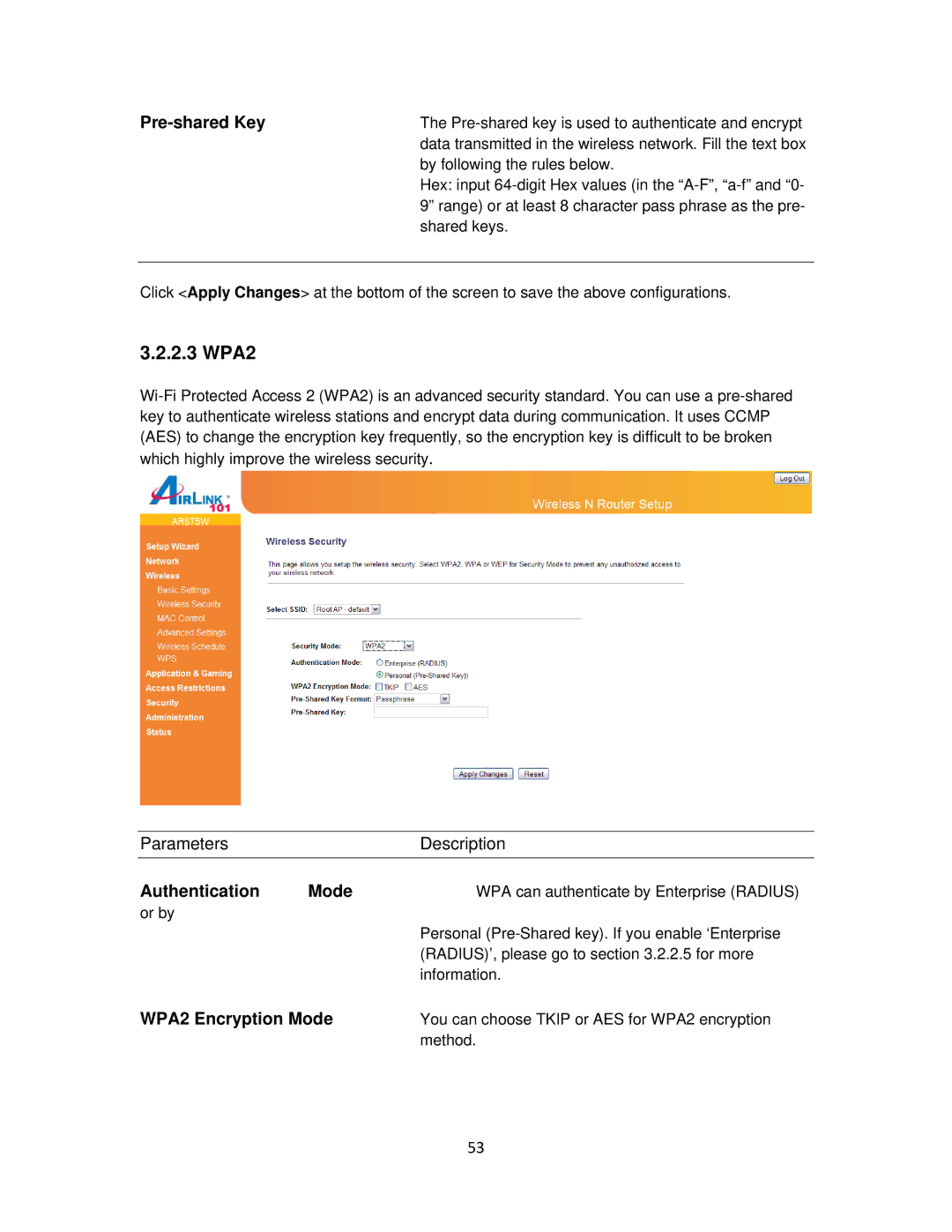 Airlink101 AR675W user manual 2.3 WPA2, WPA2 Encryption Mode 