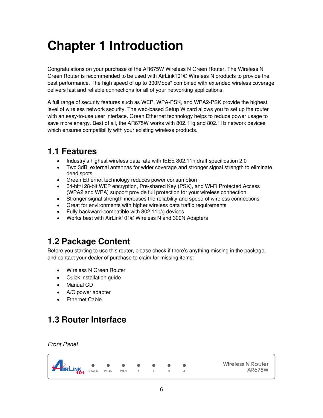 Airlink101 AR675W user manual Features, Package Content, Router Interface 