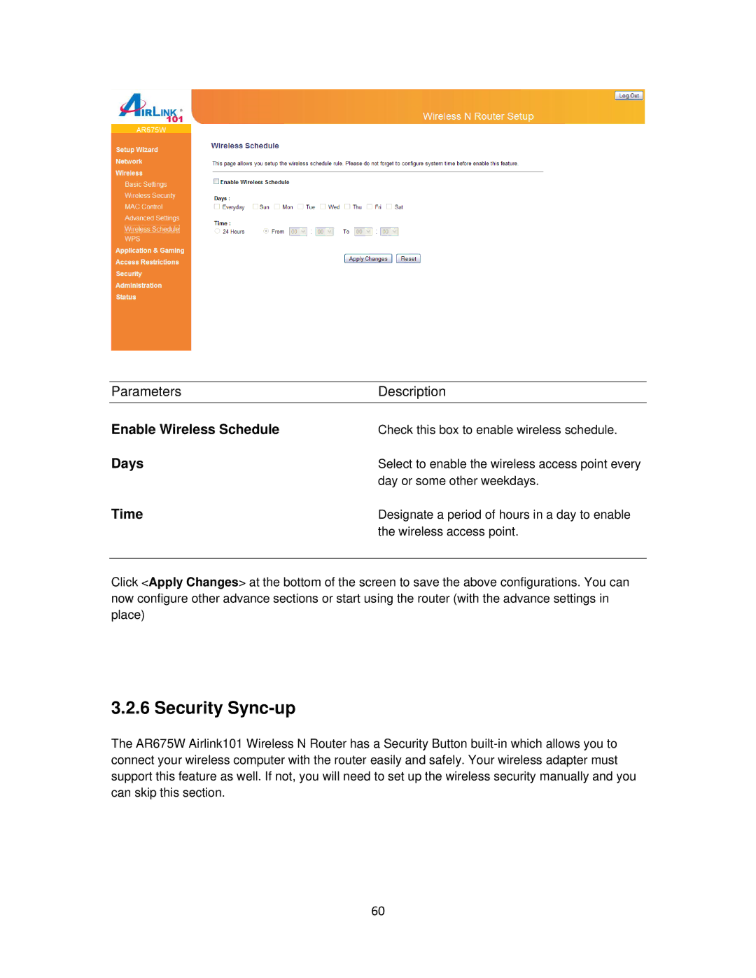 Airlink101 AR675W user manual Security Sync-up, Enable Wireless Schedule, Days, Time 