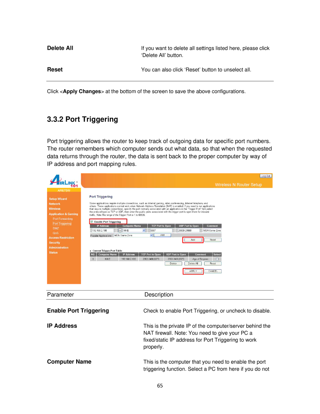 Airlink101 AR675W user manual Enable Port Triggering, Computer Name 