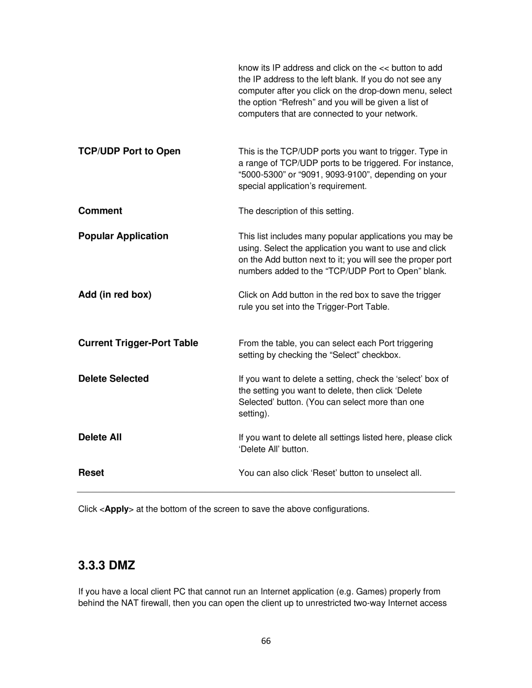 Airlink101 AR675W user manual 3 DMZ, TCP/UDP Port to Open, Popular Application, Add in red box, Current Trigger-Port Table 