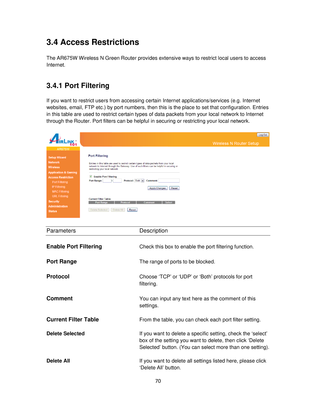 Airlink101 AR675W user manual Access Restrictions, Enable Port Filtering, Current Filter Table 