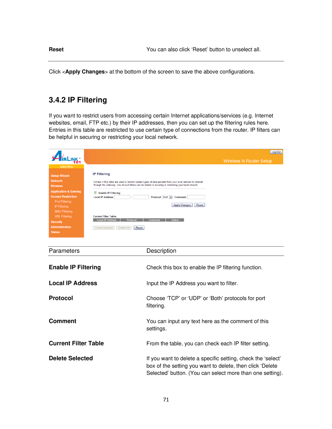 Airlink101 AR675W user manual Enable IP Filtering 