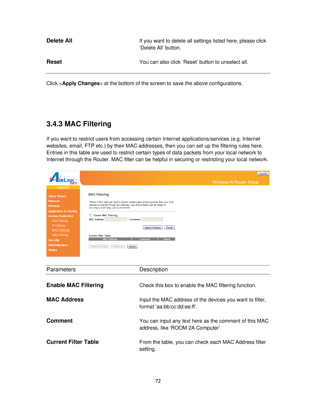 Airlink101 AR675W user manual Enable MAC Filtering 