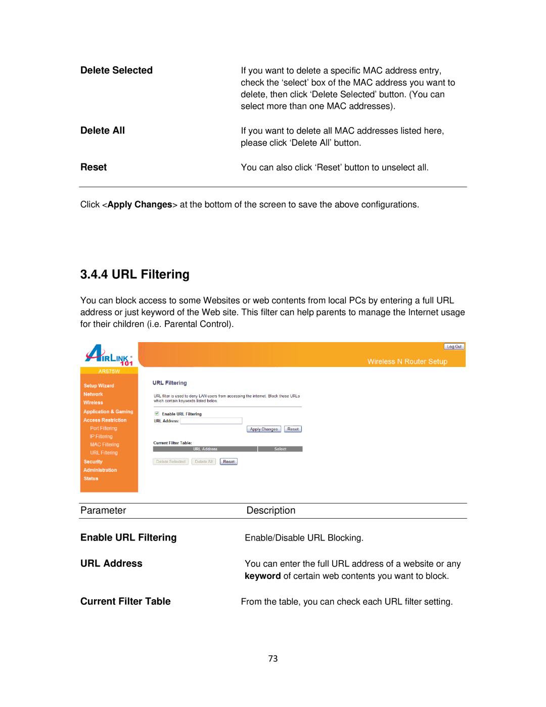 Airlink101 AR675W user manual Enable URL Filtering, URL Address 