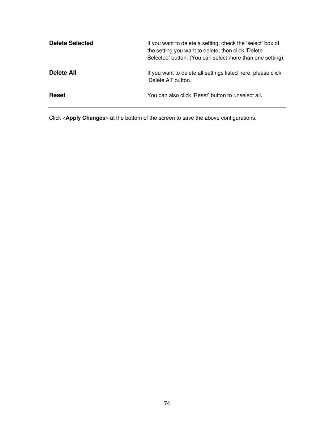 Airlink101 AR675W user manual If you want to delete a setting, check the ‘select’ box 