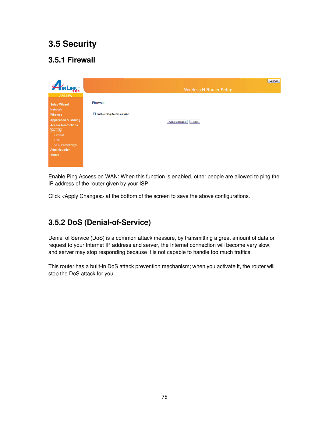 Airlink101 AR675W user manual Security, Firewall, DoS Denial-of-Service 