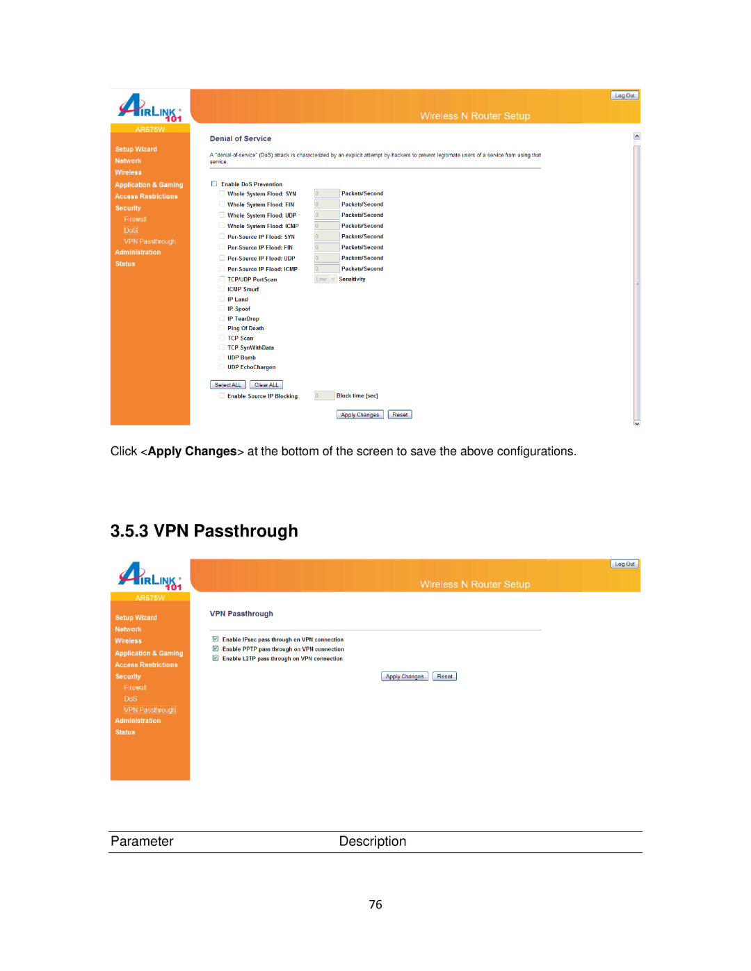 Airlink101 AR675W user manual VPN Passthrough 