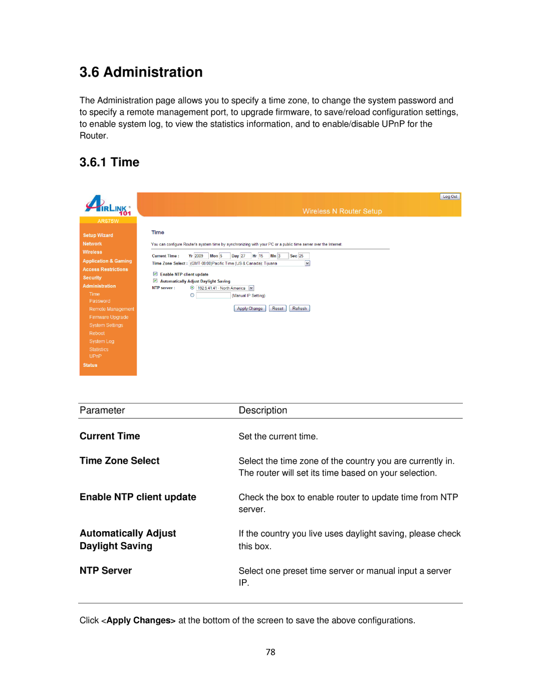 Airlink101 AR675W user manual Administration, Time 