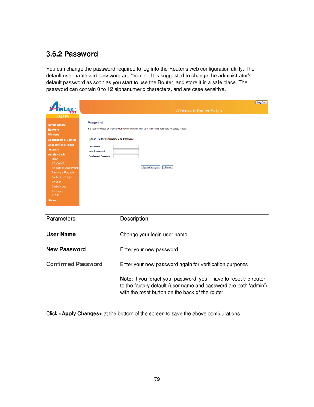 Airlink101 AR675W user manual New Password 