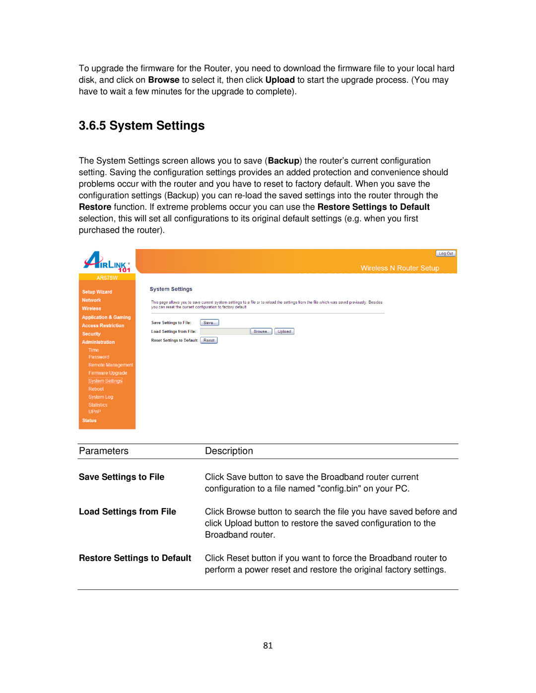 Airlink101 AR675W user manual System Settings, Save Settings to File 