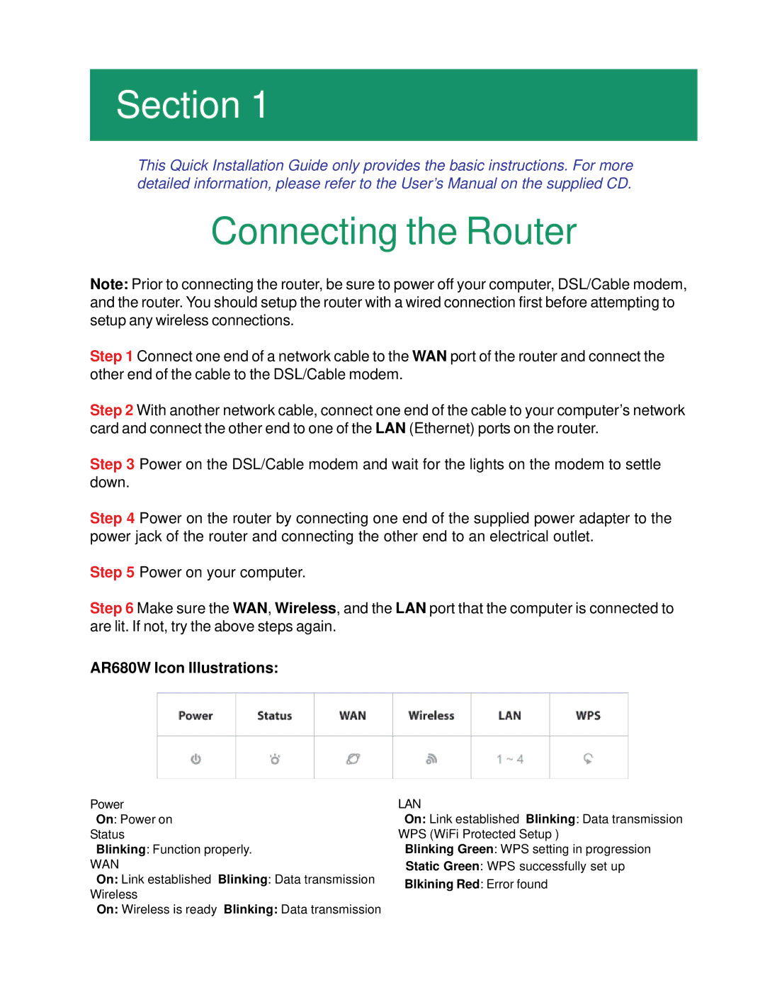 Airlink101 manual Connecting the Router, AR680W Icon Illustrations 