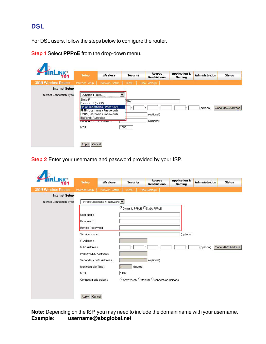 Airlink101 AR680W manual Dsl, Example username@sbcglobal.net 