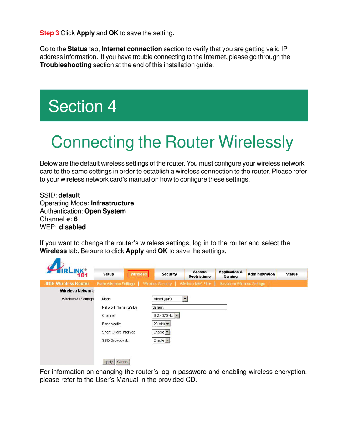 Airlink101 AR680W manual Connecting the Router Wirelessly, Ssid default, WEP disabled 