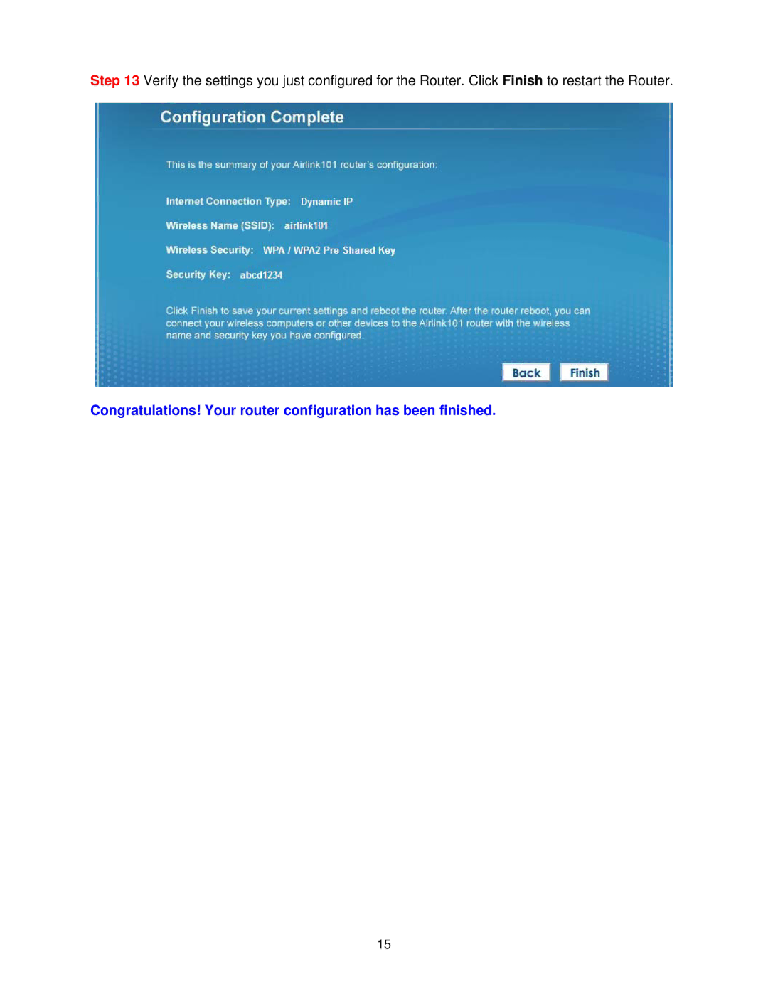Airlink101 AR685W user manual Congratulations! Your router configuration has been finished 