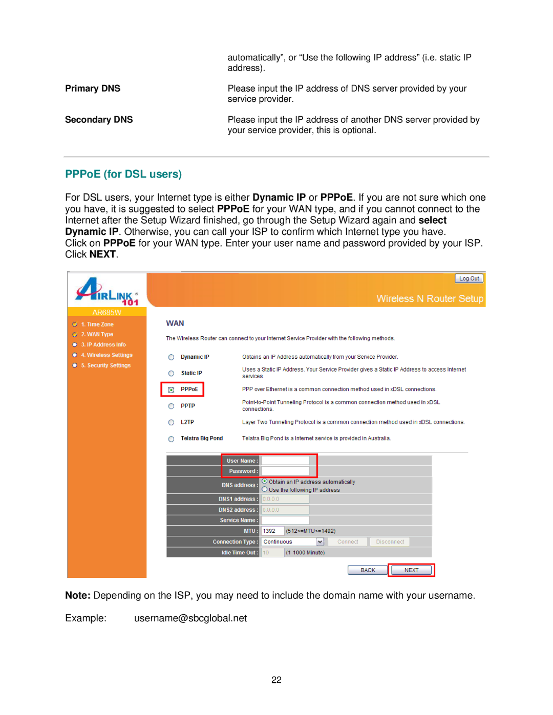 Airlink101 AR685W user manual Primary DNS, Secondary DNS 