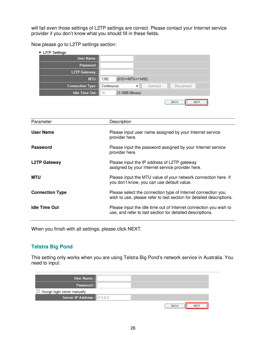 Airlink101 AR685W user manual Telstra Big Pond, L2TP Gateway 