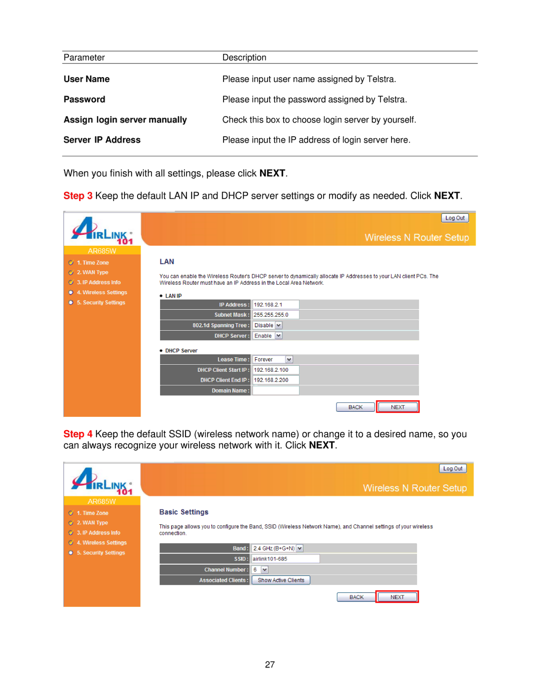 Airlink101 AR685W user manual Assign login server manually, Server IP Address 