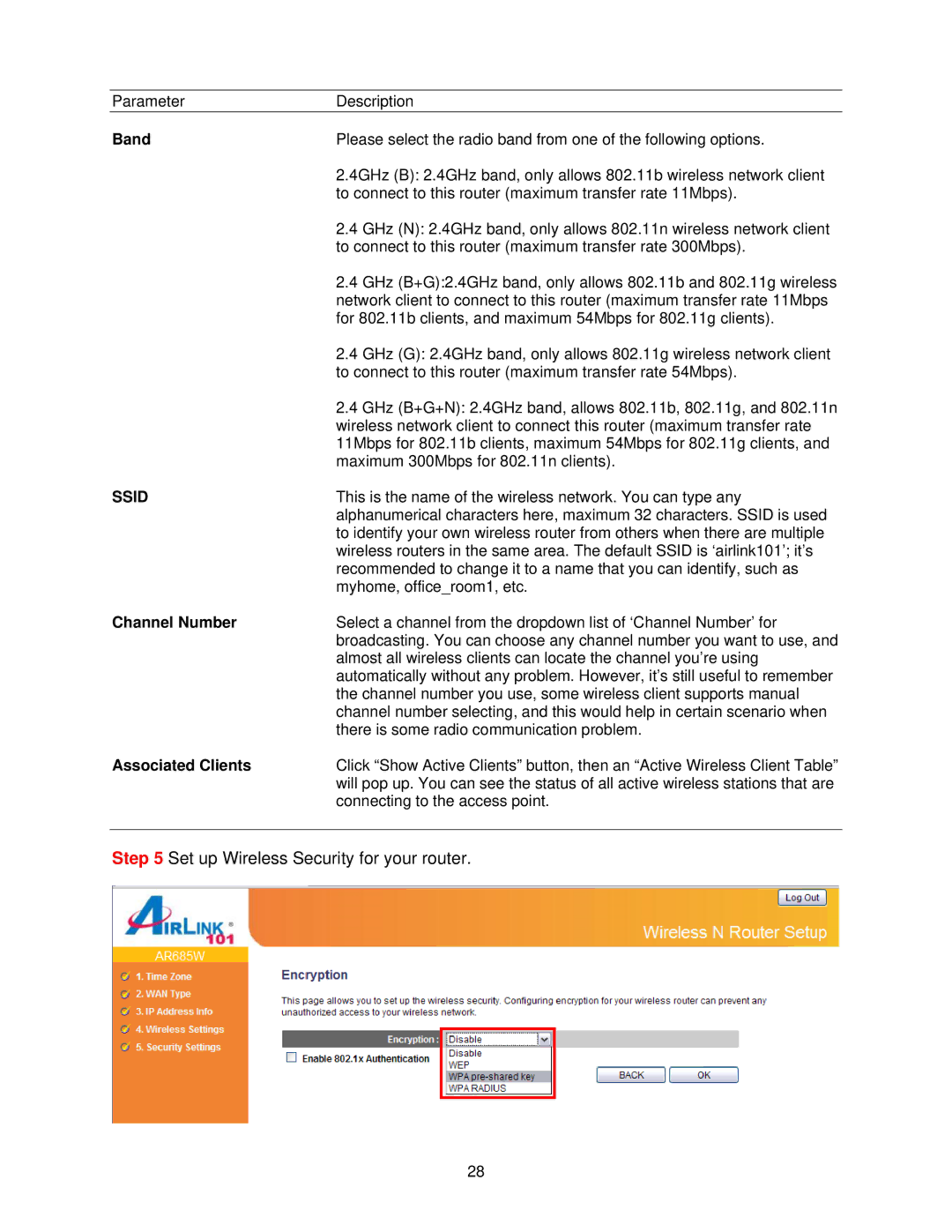 Airlink101 AR685W user manual Band, Channel Number, Associated Clients 