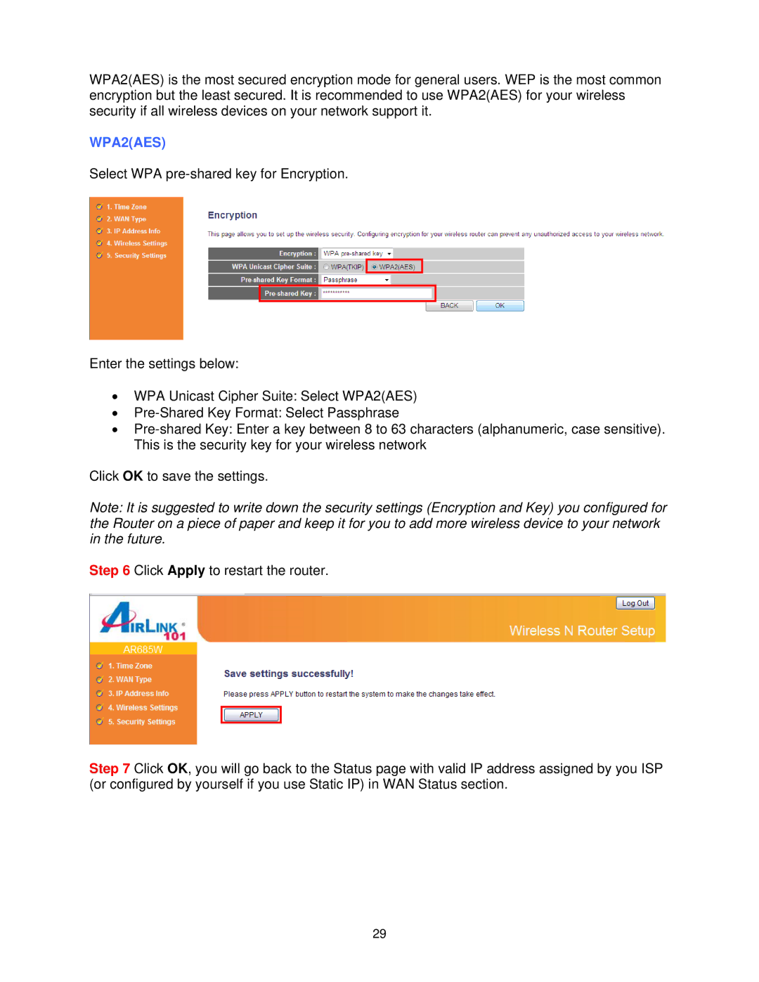 Airlink101 AR685W user manual WPA2AES 