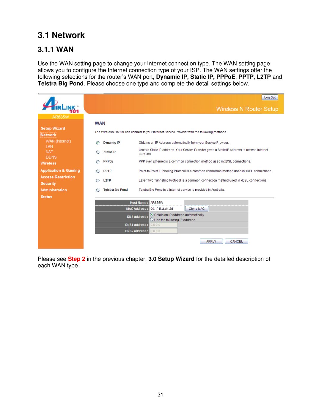 Airlink101 AR685W user manual Network, 1 WAN 