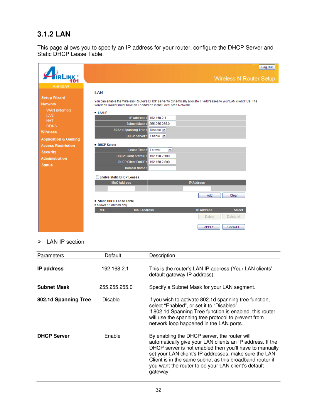 Airlink101 AR685W user manual 2 LAN, IP address, Subnet Mask, 802.1d Spanning Tree, Dhcp Server 