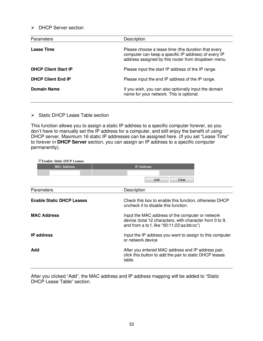 Airlink101 AR685W Lease Time, Dhcp Client Start IP, Dhcp Client End IP, Domain Name, Enable Static Dhcp Leases, Add 