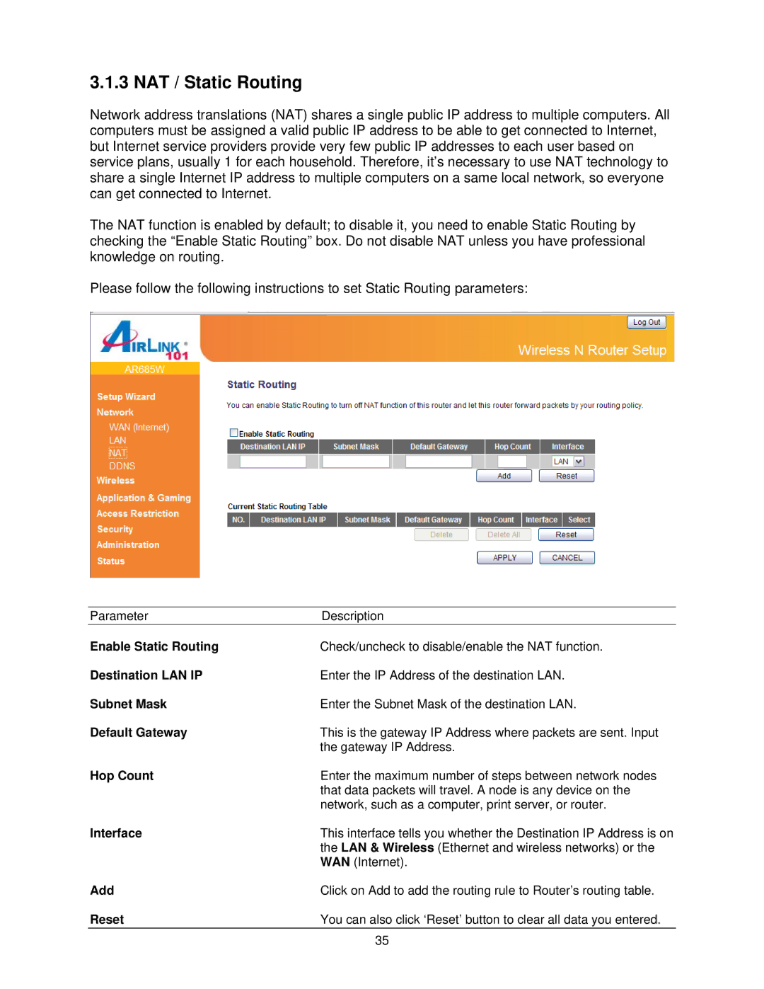 Airlink101 AR685W user manual NAT / Static Routing 