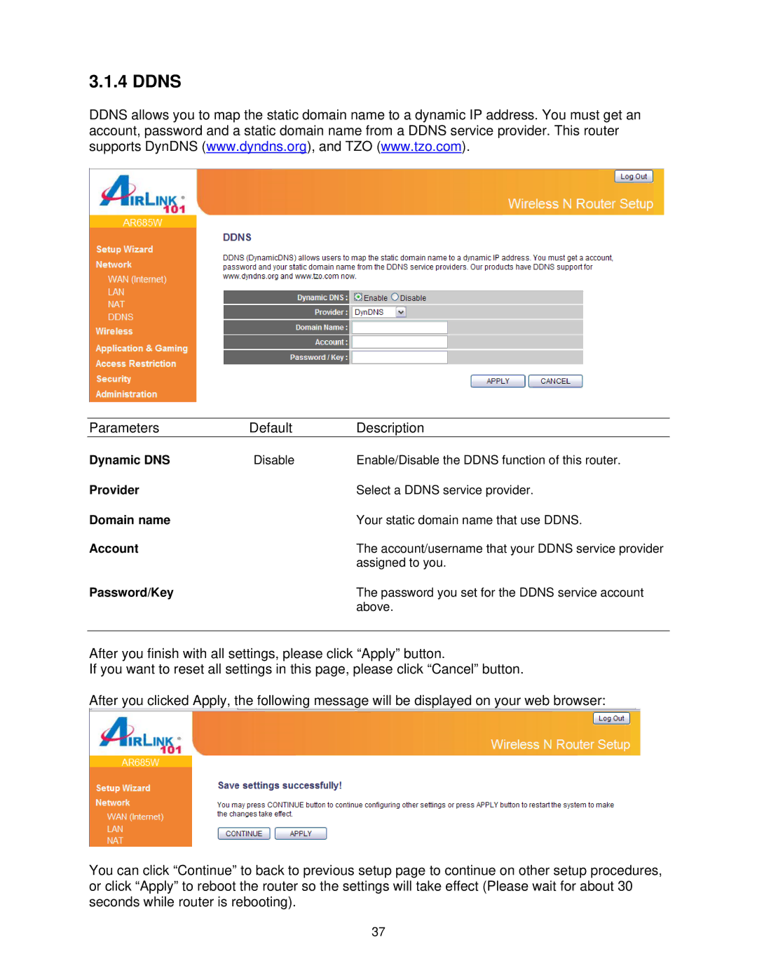 Airlink101 AR685W user manual Ddns, Dynamic DNS, Provider, Account, Password/Key 