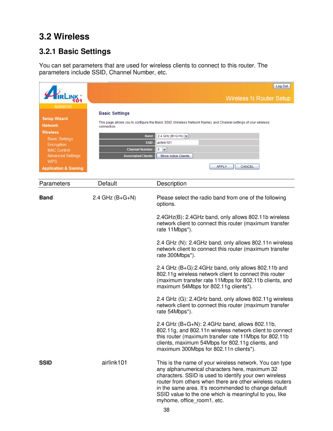 Airlink101 AR685W user manual Wireless, Basic Settings 