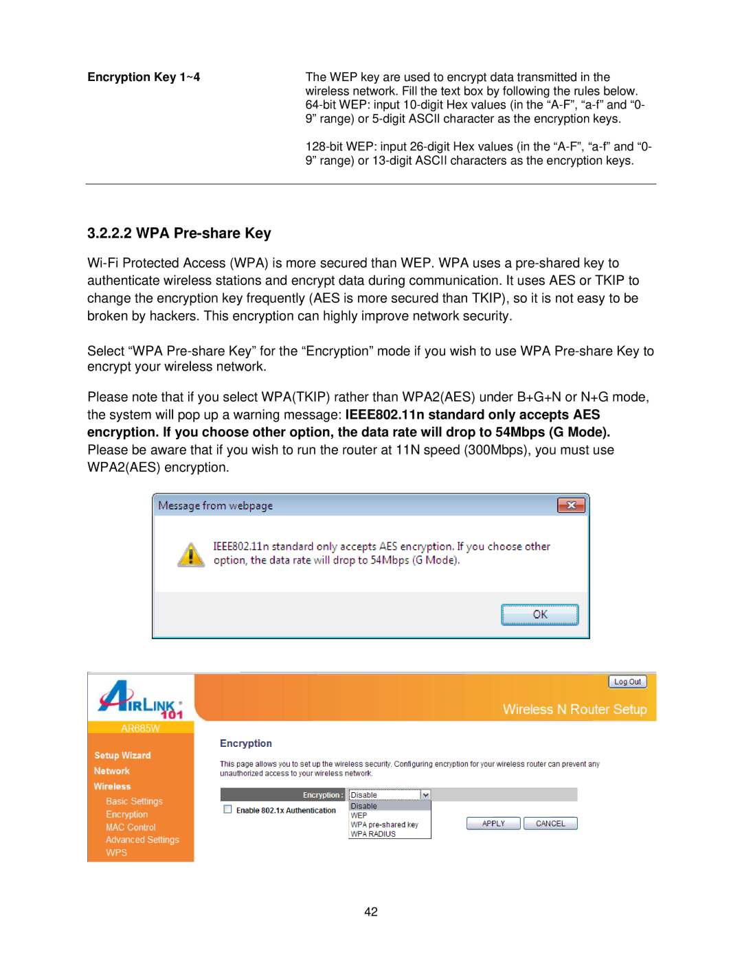 Airlink101 AR685W user manual WPA Pre-share Key, Encryption Key 1~4 