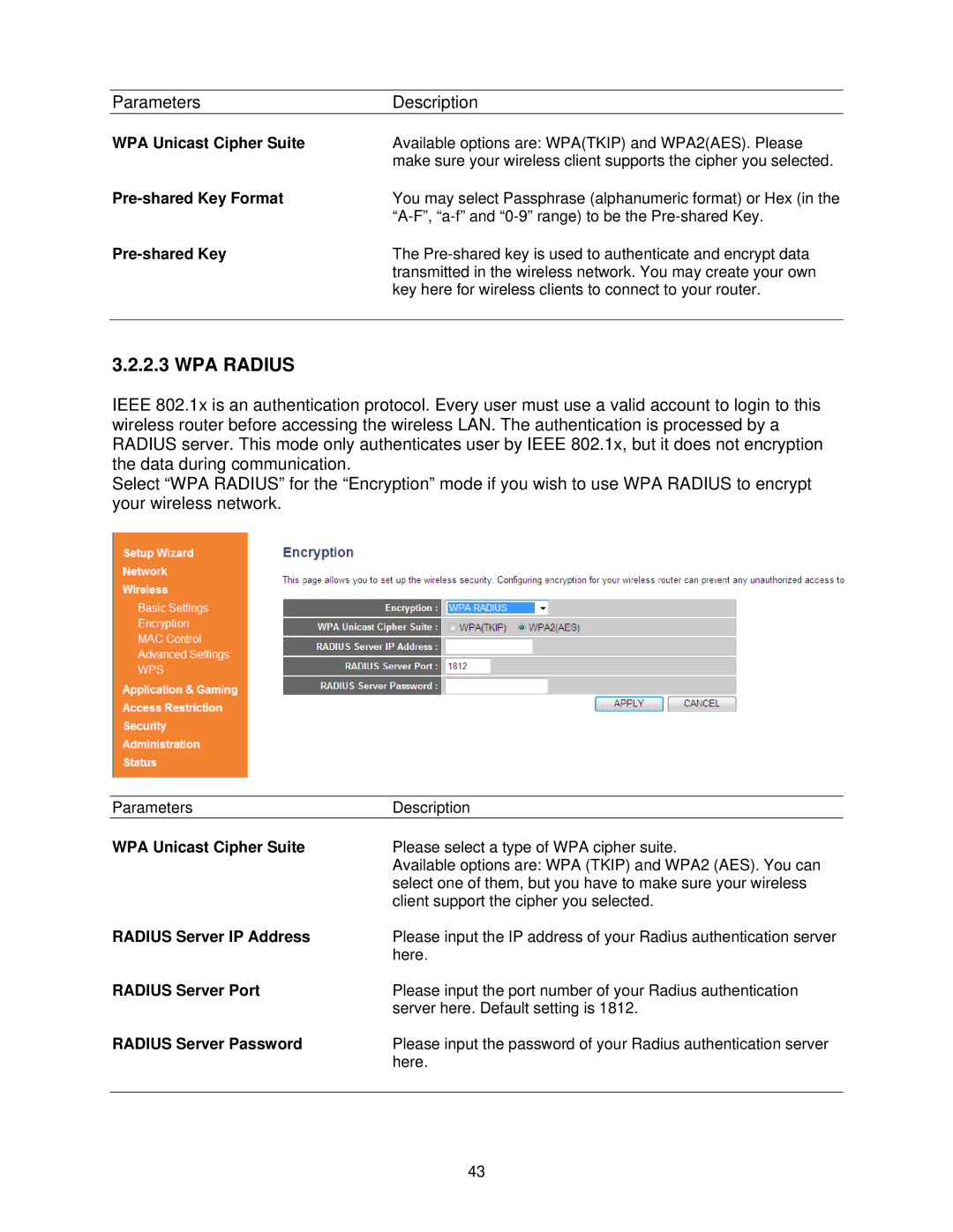 Airlink101 AR685W user manual WPA Unicast Cipher Suite, Pre-shared Key Format, Radius Server IP Address, Radius Server Port 