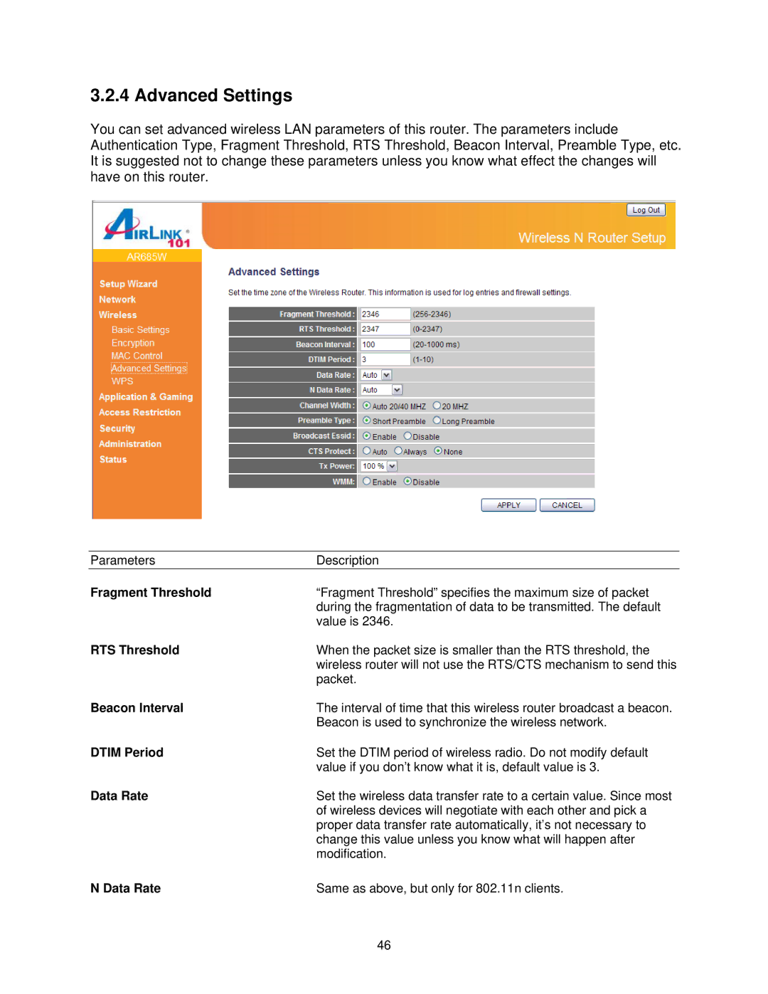 Airlink101 AR685W user manual Advanced Settings 